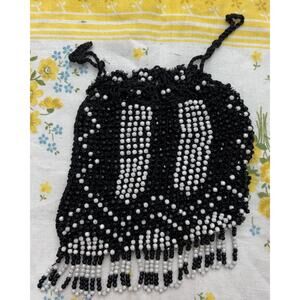 Vintage Black White Beaded Evening Purse Drawstring Flapper Bag With Fringe Vint